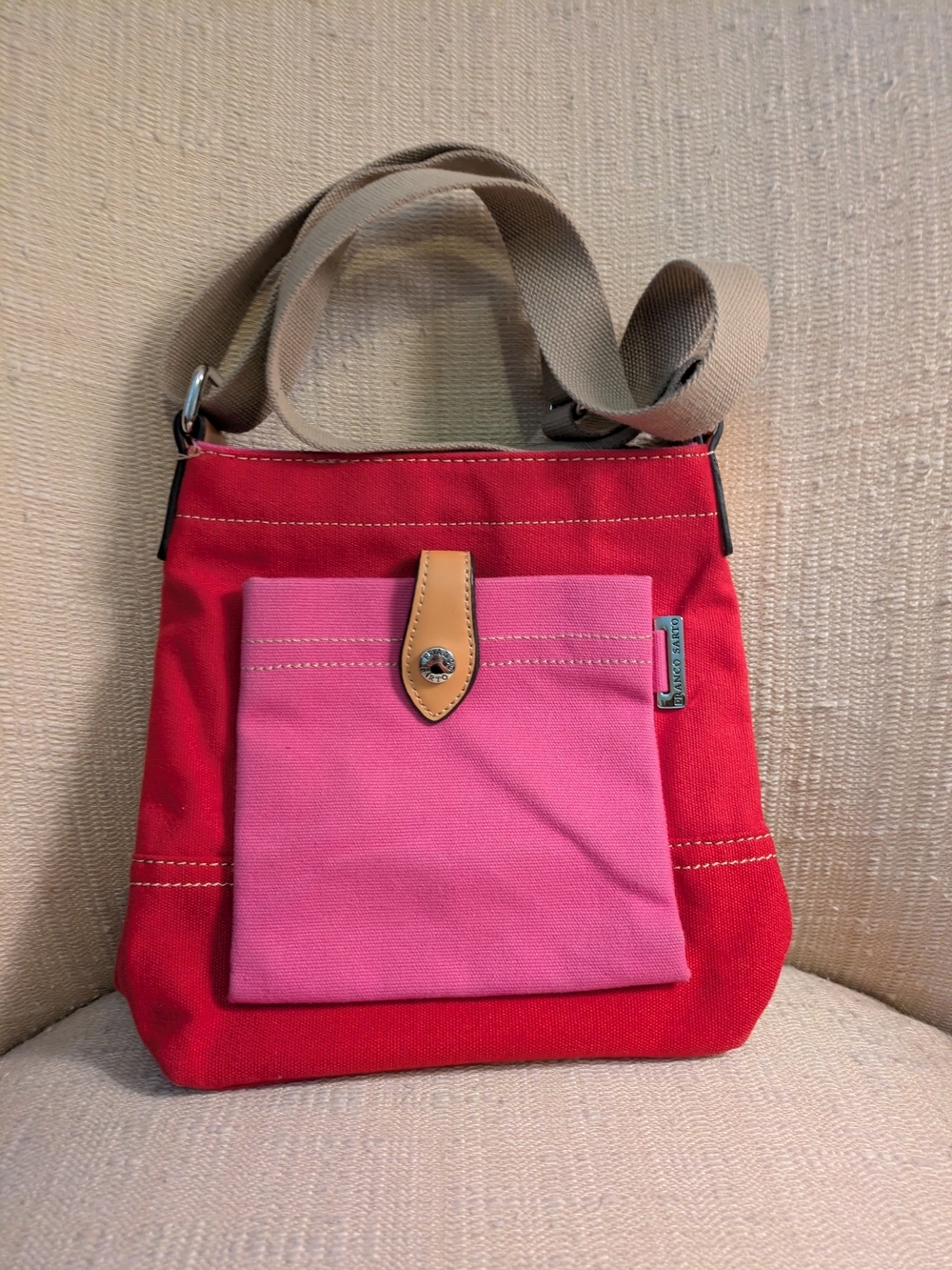 Franco Sarto Red and Pink Canvas Crossbody with Beige Strap
